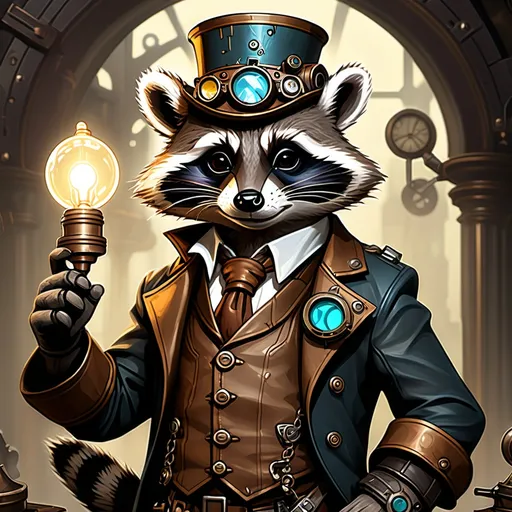 Prompt: steampunk raccoon in the style of magic the gathering with the inspiration from the word lampight