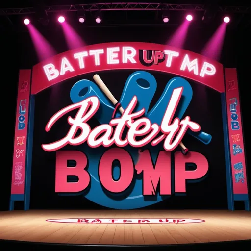 Prompt: Big kpop stage empty that says  Batter up and on the bottom it says Cherry bomb and there is a base ball bat on the side 
