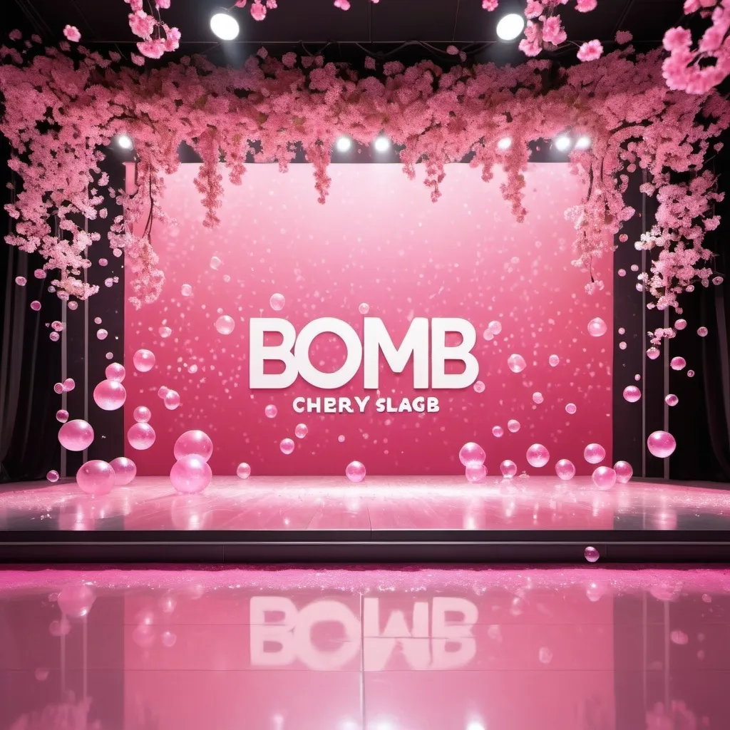 Prompt: Empty K-pop stage with pink bubbles on floor and bubble gum on stage and it says cherry bomb 