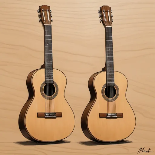 Prompt: in the i styleof monet draw two classical guitars side by side. Make certain the each guitar has six strings and classical guitar headstock. The background should be muted and compliment the wood on the front of each guitar. Make certain that only two guitars are shown and that they of the classical guitar style.