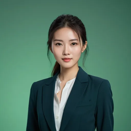 Prompt: Close up of (beautiful Chinese woman's face) looking at the camera, clean hair,  slim figure, wearing formal outfit with a dark blue blazer jacket, solid chroma green background, natural expression, high detail facial features, soft and warm lighting, smooth skin, deep and vibrant eye color, clean makeup, flowing hair, subtle highlights, dreamy atmosphere, serene, ultra-detailed, photorealistic, 4K, award-winning photography, cosmetic top down studio lighting.