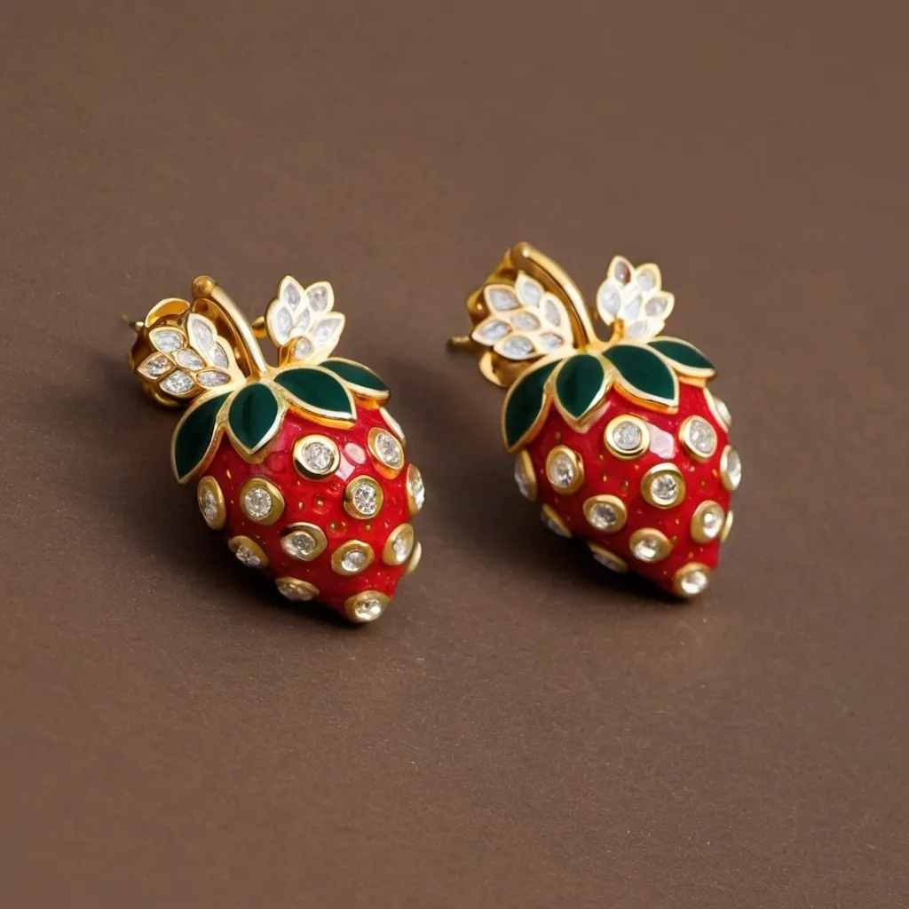 Prompt: Gold plated straberry shape earrings with cut stones and enamel work.