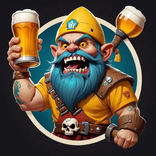 Prompt: Logo circle with dwarf skull hoolding a beer in one hand and a axe in the other hand. Vibrant colors. With a yellow and whithe football shirt. 