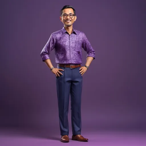 Prompt: Realistic 4D caricature of Indonesian man aged 35yo, wearing glasses, wearing batik shirt blue color, formal trousers, loafers, standing proudly, purple gradient background, full body