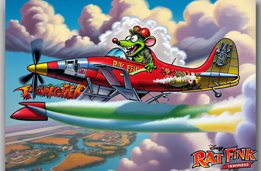 Prompt: rat fink riding the Disney dusty crophopper firefighter aircraft on floats