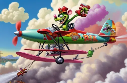 Prompt: rat fink riding the Disney dusty crophopper firefighter aircraft on floats