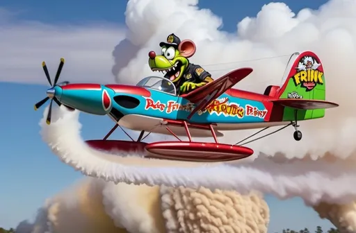 Prompt: rat fink riding the Disney dusty crophopper firefighter aircraft on floats