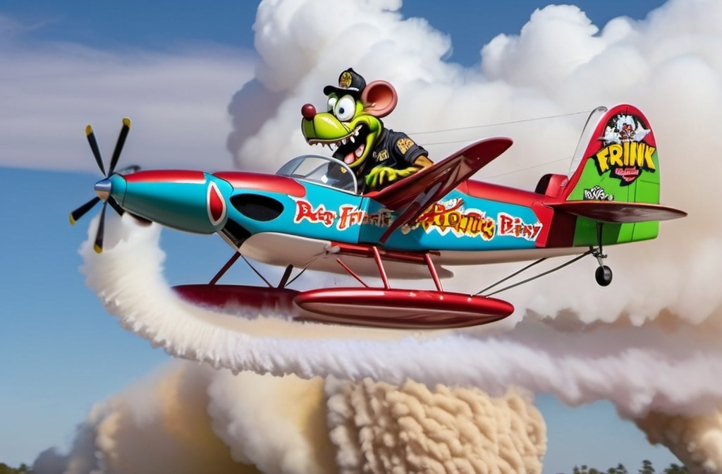 Prompt: rat fink riding the Disney dusty crophopper firefighter aircraft on floats