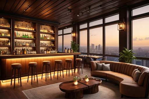 Prompt: luxurious rustic rooftop bar, (low-lit ambiance), warm wooden textures, soft golden lighting, large windows revealing (vibrant cityscape), twinkling city lights, inviting feel, cozy setup, hyper-realistic 8K resolution, (high detail), warm tones, tranquil and serene setting, urban skyline, soft shadows