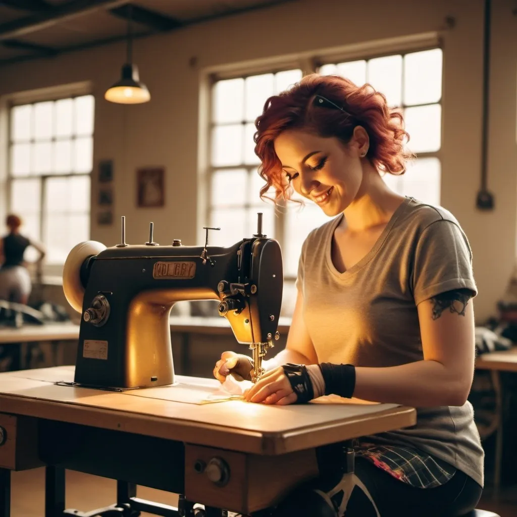 Prompt: (person sewing roller derby apparel) on an industrial sewing machine, (sunlight streaming) into the room, (bright and cheerful atmosphere), details of the sewing machine and fabric, (engineered for high-precision work), soft golden light illuminating the scene, (warm color tones), (expressive smile on their face), ultra-detailed, 4K resolution, cozy and inviting ambiance.