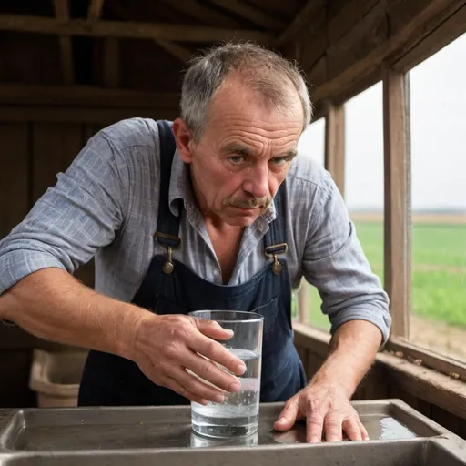 Prompt: The farmer sprinkling a pinch of salt into the glass of water, looking curious yet anxious,