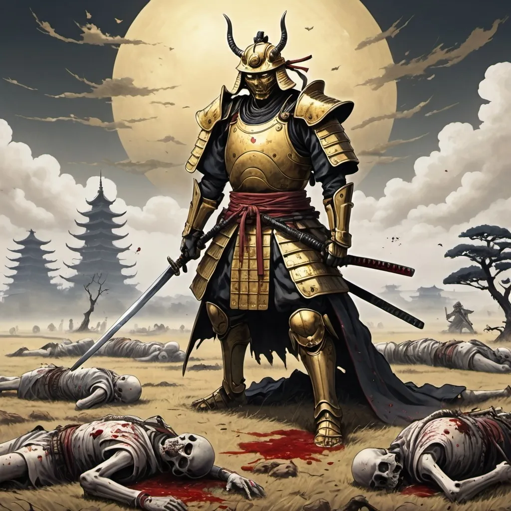 Prompt: A giant field with the ground made of mutilated bodies. A lone samurai is kneeling amidst the corpses. His golden armor is tarnished with blood. His sword is impaled in the ground. Behind him in the sky the ghost of the scadutree is visible. 