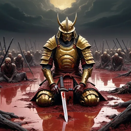 Prompt: A giant field with the ground made of mutilated bodies. A lone samurai is kneeling amidst the corpses. His golden armor is tarnished with blood. His sword is impaled in the ground. 