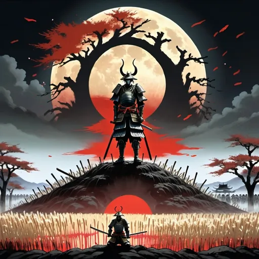 Prompt: A giant field with the ground made of mutilated bodies, through which grow small tufts of reeds.  A lone samurai is kneeling amidst the corpses. His golden armor is tarnished with blood. His sword is impaled in the ground. Behind him is a massive army of samurai warriors all bowing to him in black bloodstained armor. in the sky the ghost of the scadutree is visible. Behind the tree the full moon shines bright. 