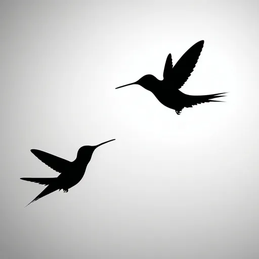 Prompt: silhouette of a hummingbird, (minimalist style), clean lines, elegant design, monochromatic colors, softly flowing shapes, tranquil ambiance, high contrast against an empty background, emphasis on the curvature of wings and beak, harmonious composition, (high quality), suitable for modern decor, evokes a sense of grace and freedom.