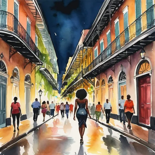 Prompt: Black Woman walking down busy French quarter in New Orleans modern lively water color night travel poster style
