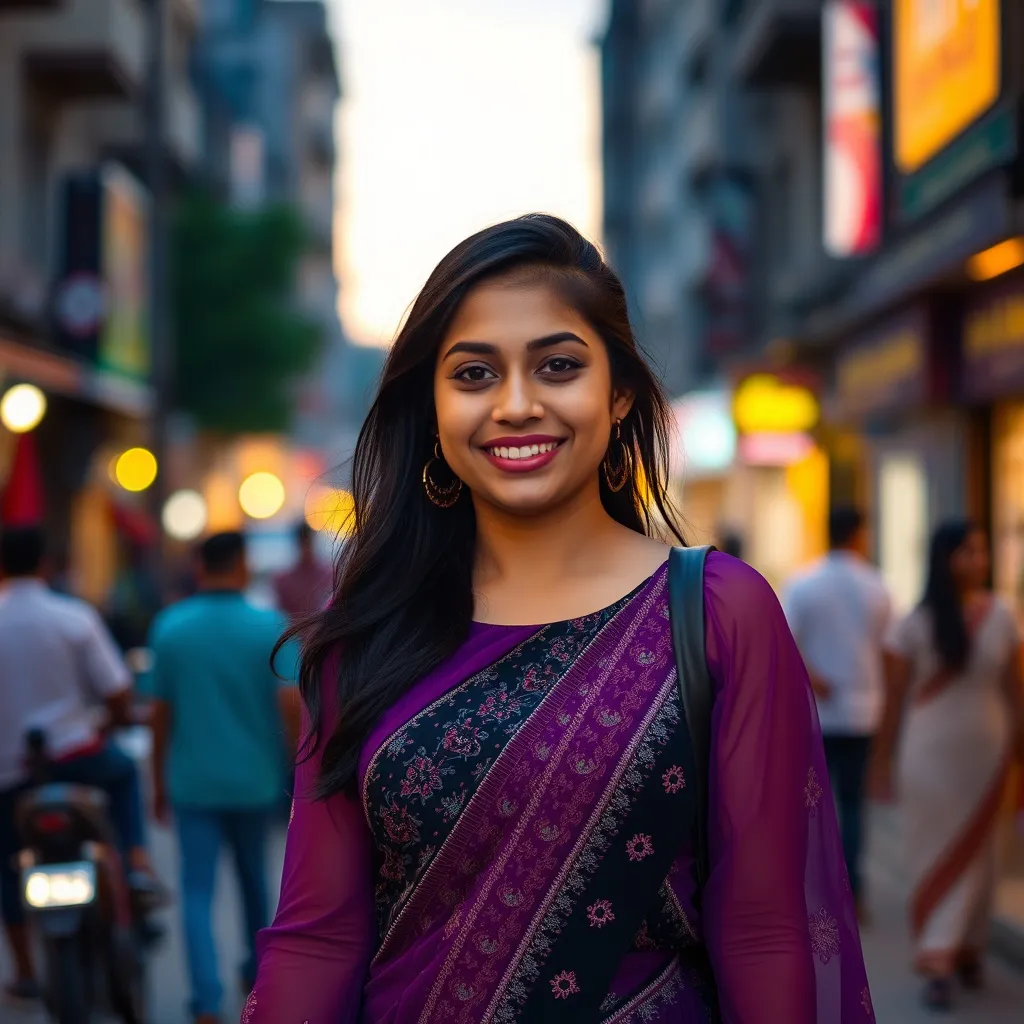 Prompt: "A young Indian woman in her early 20s with a playful and spirited vibe. She is wearing a trendy purple and black fusion dress, a blend of Indian and Western styles. The backdrop is a lively street scene during dusk, with the city lights beginning to twinkle."