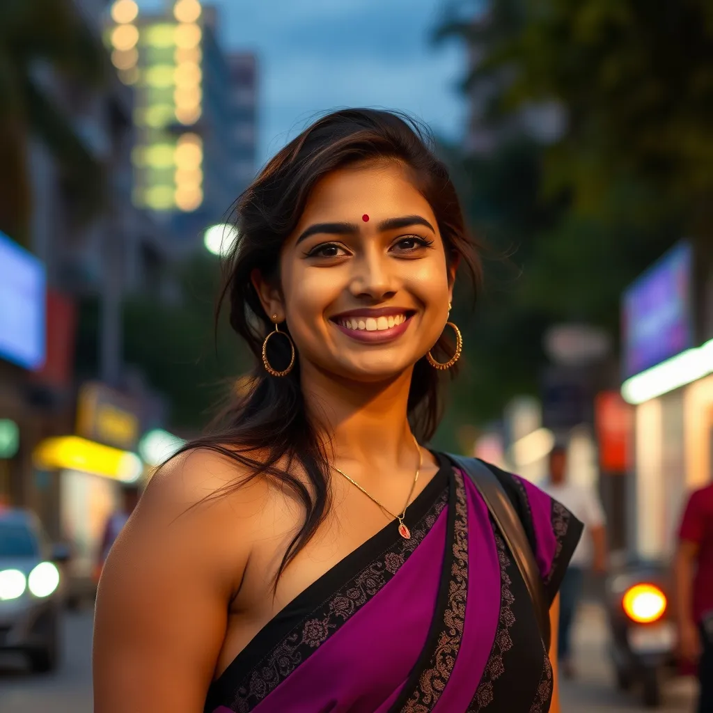 Prompt: "A young Indian woman in her early 20s with a playful and spirited vibe. She is wearing a trendy purple and black fusion dress, a blend of Indian and Western styles. The backdrop is a lively street scene during dusk, with the city lights beginning to twinkle."