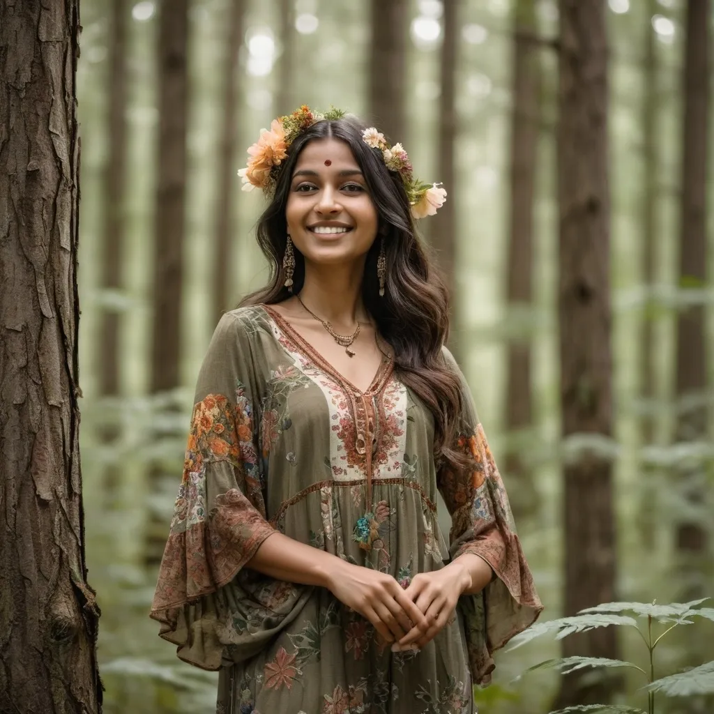 Prompt: A indian woman in a bohemian-style dress, with floral patterns and flowing sleeves, standing amidst tall trees in a forest. She looks serene with a gentle smile and holds a flower. The colors are earthy, with a focus on browns and greens.