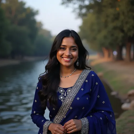 Prompt: A young Indian woman in her early 30s with a radiant and confident expression. She is in a royal blue and silver sharara set. The background is a serene riverside at dawn, with the soft light reflecting off the water and enhancing her glowing appearance."