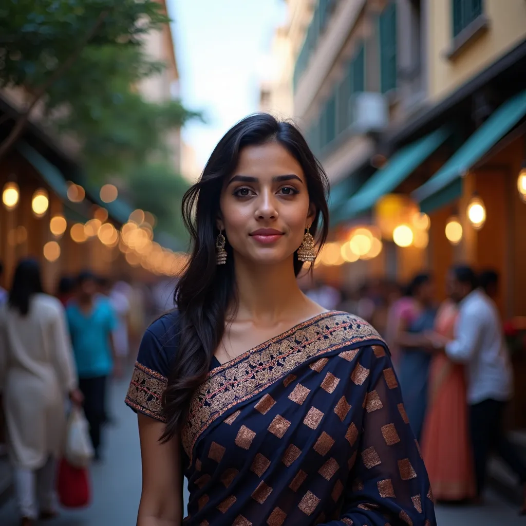 Prompt: Generate an image of an Indian woman in her early 30s, wearing a traditional outfit such as a sari or salwar kameez,  The image should be tasteful and respectful, capturing the beauty and elegance of the traditional attire. The woman's facial expression should convey a sense of confidence and allure, with a hint of playfulness. The background should be simple and neutral, allowing the focus to be on the subject."