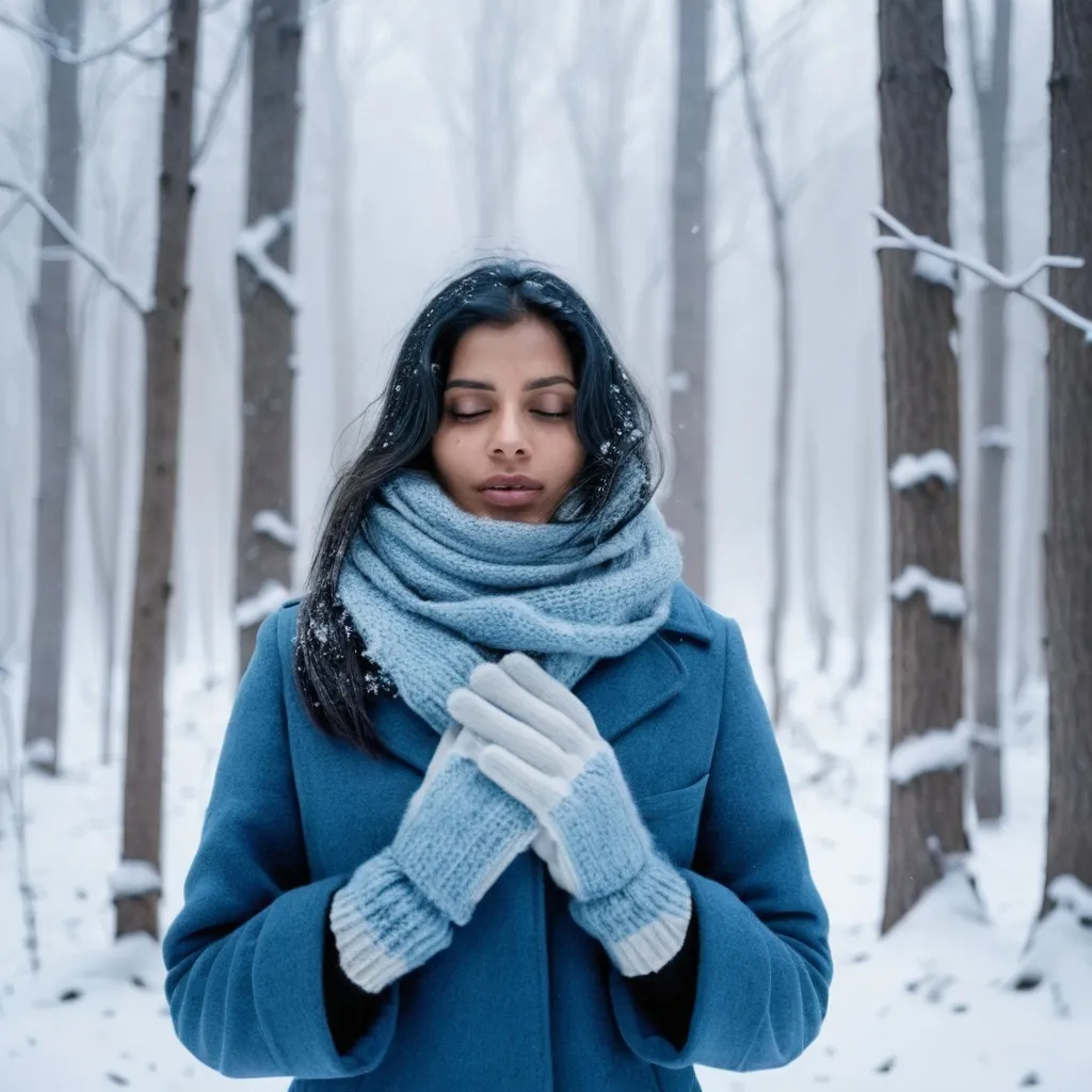 Prompt: A Indian woman in a cozy winter coat, standing in a snowy forest. She’s bundled up with a scarf and gloves, and her breath forms a visible mist. The color scheme is icy blues and whites.