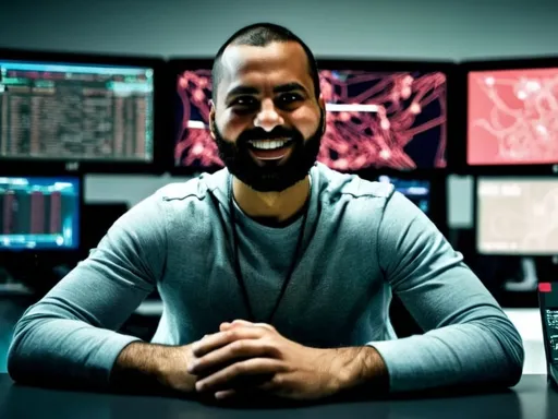 Prompt: A young man (with a clean short beard, no mustache and short hair) sitting confidently at a desk, surrounded by multiple screens displaying coding, AI algorithms, and tech gadgets.  The setting includes modern, high-tech equipment