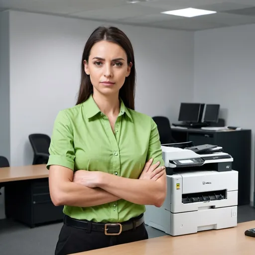 Prompt: A lady at work wearing green shirt, standing with her hands folded next to the office printer not allowing anyone to print