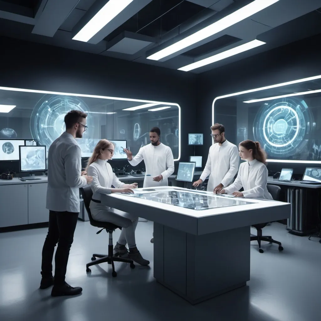 Prompt: You are a Marketing Executive at Vidacity. Generate an image of humans working with AI in a futuristics laboratory. 