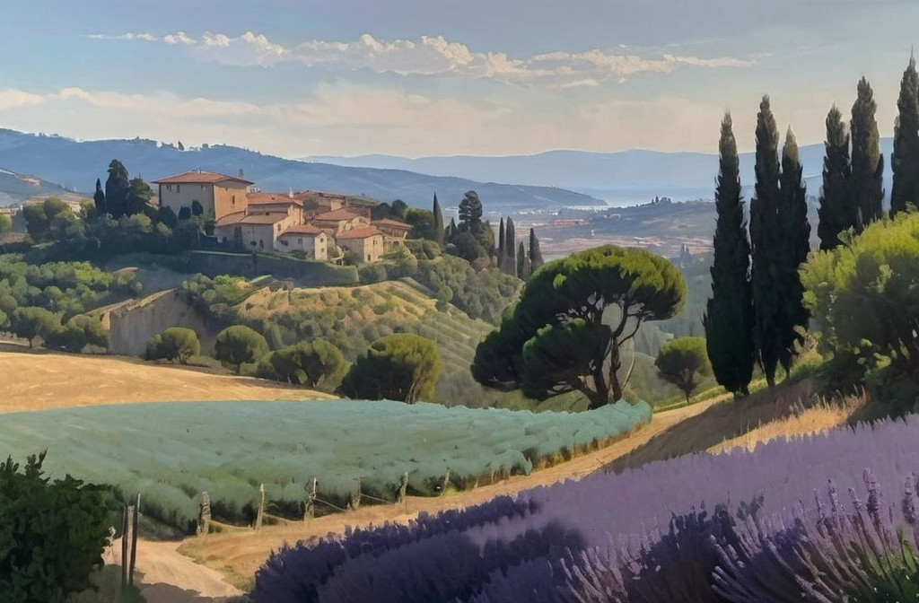 Prompt: a scenic view of farmland in the hills of italy, and rolling hills in the background, Florence , regionalism, beautiful landscape, Tuscany style, lavender field