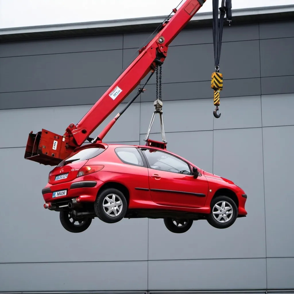 Prompt: Red Peugeot 206 hanging from a crane