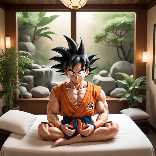 Prompt: (Goku receiving a massage), relaxed expression, strong physique, cozy spa setting, soft ambient lighting, serene atmosphere, muted colors, warm wooden accents, plush cushions, rich detailing, tranquil background with plants, serene soundscape, inviting environment, (ultra-detailed) artwork, engaging composition, high quality, cinematic depth.