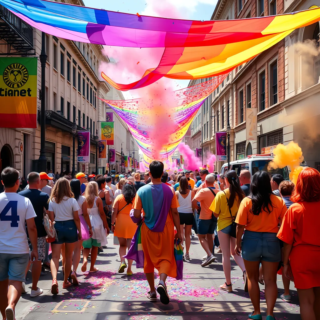 Prompt: rainbow flag parade on the street with people dressed in the colors of the rainbow. rainbow confetti and color canons everywhere. everyone is facing away from the camera walking away down the street and wearing rainbow clothes