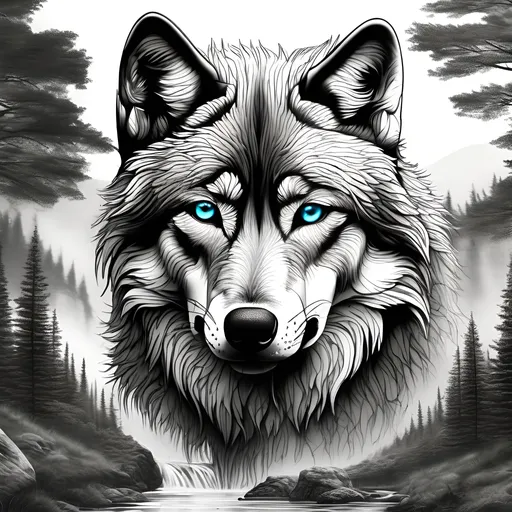 Prompt: Black and white wolf face straight on surrounded by trees and scenery below the wolf for tattoo realistic with blue eyes and a stream below the wolf. hills with trees in the background.