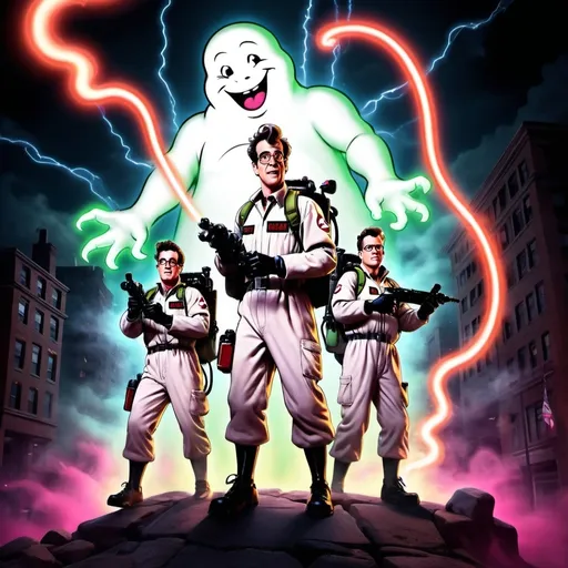 Prompt: (accurately spelled text "Happy Birthday Egon"), Ghostbusters catching a ghost, (dynamic scene), proton packs firing, vibrant colors, cool tone atmosphere, ghost emitting ectoplasmic trails, detailed ghost features, playful yet spooky expression, high contrast lighting, cinematic effect, vibrant celebration vibe, whimsical background, 4K resolution, ultra-detailed illustration.