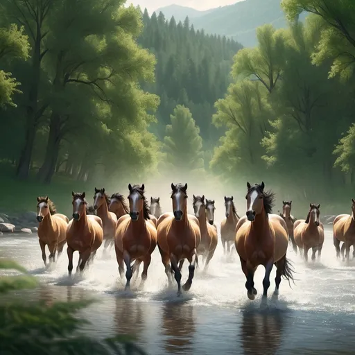 Prompt: (herd of wild horses galloping across a river), surrounded by (lush deciduous and evergreen trees), dynamic motion, (splashes of water), vibrant atmosphere, serene nature, (soft sunlight filtering through leaves), high detail, ultra-detailed, (nature's symphony), (freedom and grace) captured in a beautiful landscape, (4K resolution), cinematic depth.