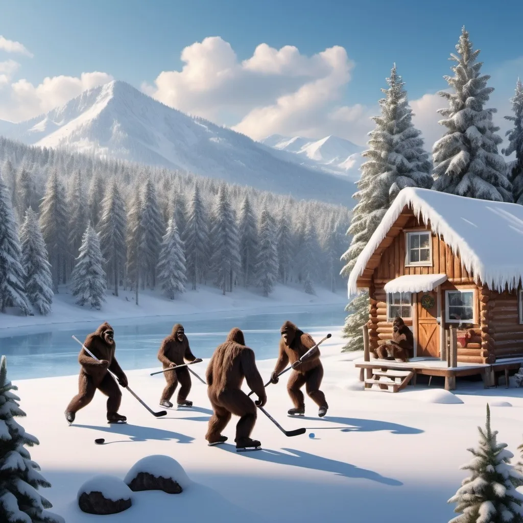 Prompt: (sasquatches playing hockey), frozen lake, (surrounded by snow-covered evergreen trees), festive winter atmosphere, lively, action-packed scene, recreational fun, clear blue sky, fluffy white clouds, snack shack nearby, warm lights emanating from shack, snow reflecting sunlight, high detail, ultra-detailed, 4K resolution, cheerful ambiance, crisp air, winter sports excitement.