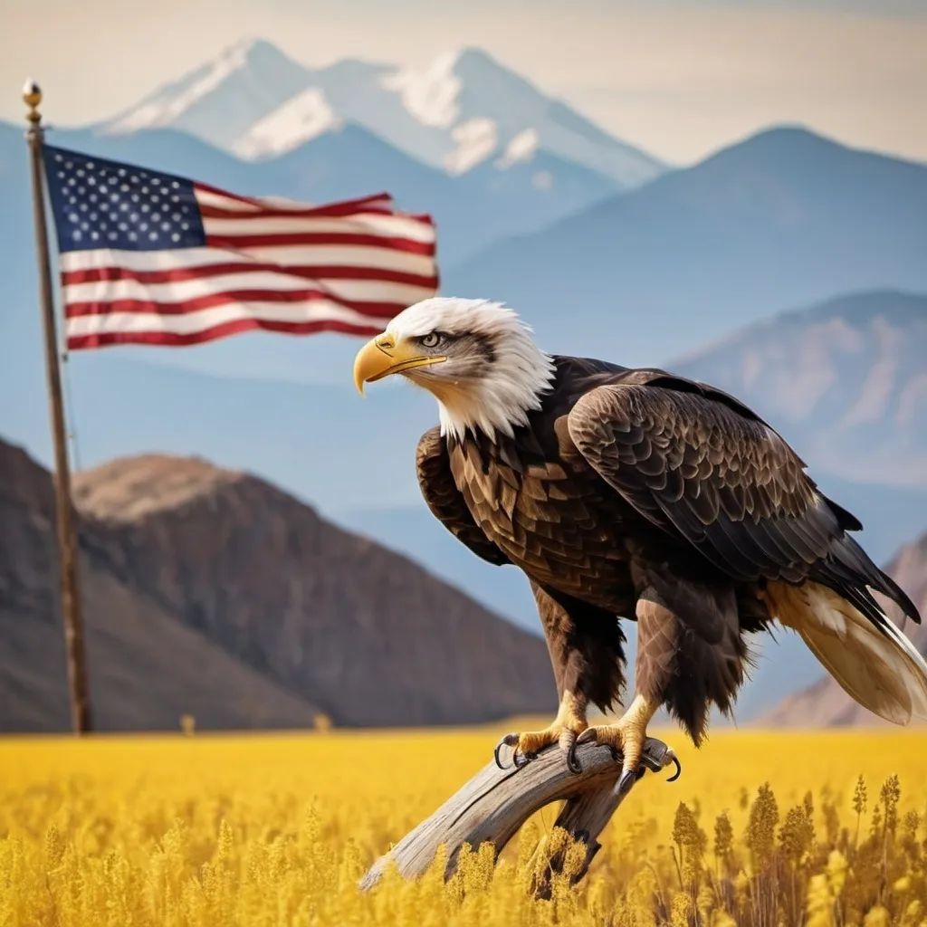 Prompt: flying bald eagle american flag with golden color field and mountains in background