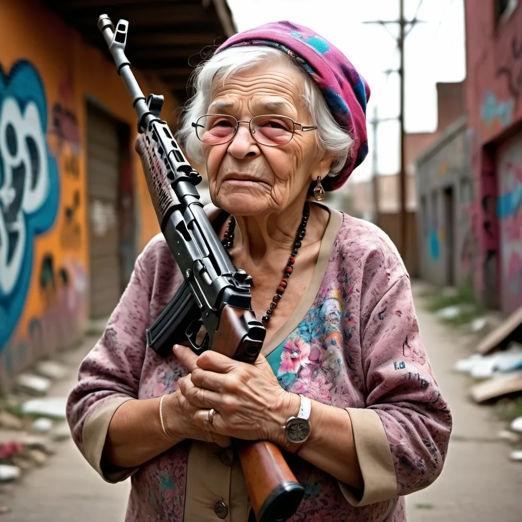 Prompt: Grandma with ak47 gun 
and dewrag

