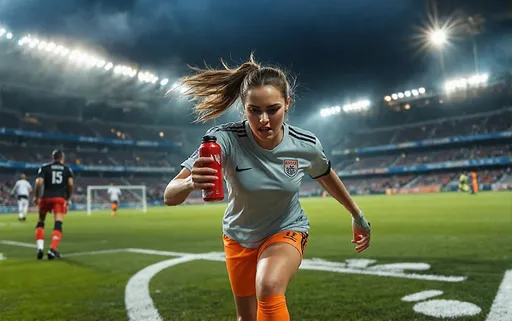 Prompt: photorealistic, (wide angle view), (full body), intense realism, female soccer player, (sweaty and exhausted), (thirsty expression),wearing soccer t-shirt and short pants , her hight is about 170cm gripping an energy drink bottle, vibrant colors reflecting energy and motion, detailed facial features showing determination, stadium or field background blurring in action, dramatic lighting highlighting sweat glistening on skin, ultra-detailed, captivating dynamic pose. the camera is little bit further 