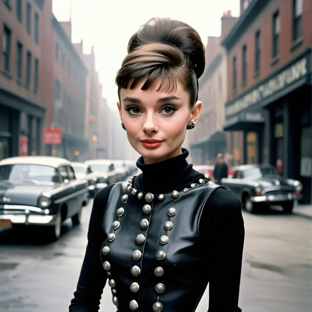 Prompt: Audrey Hepburn with punk style full outfit 
Realistic photo 