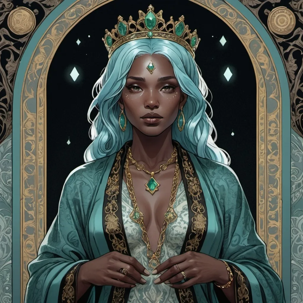 Prompt: tarot card illustration, Light-blue haired woman (Black skin) , with a tiara emeralded, detailed ornate cloth robe, dramatic lighting