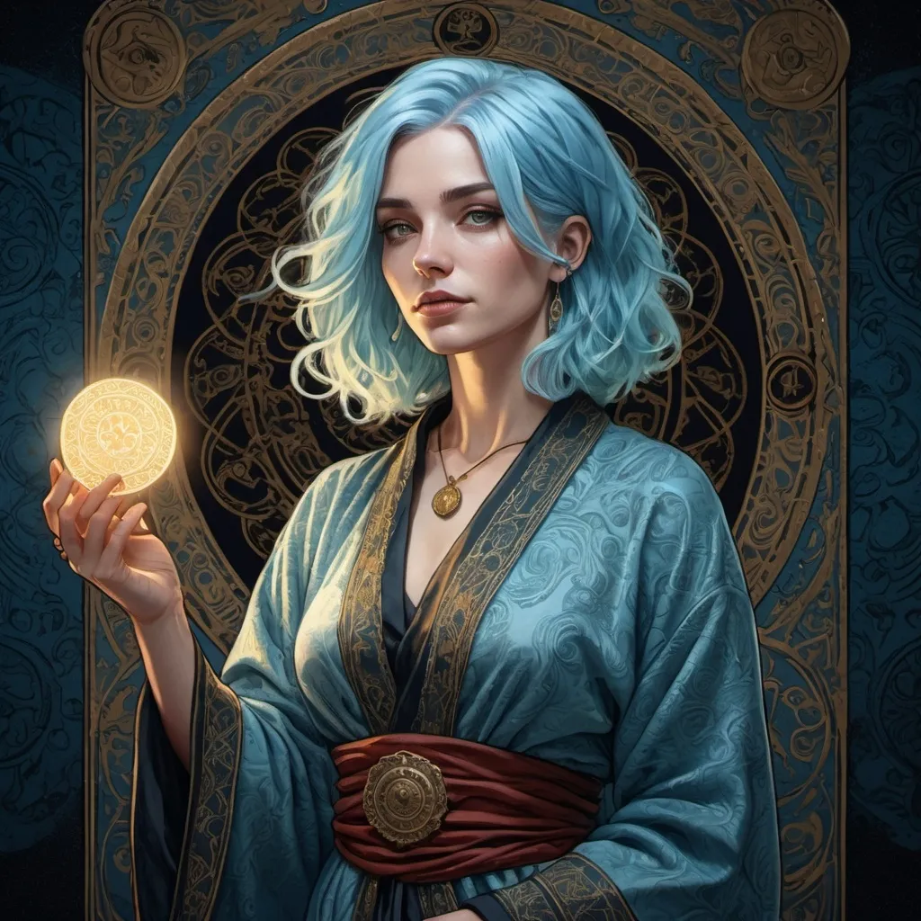 Prompt: tarot card illustration, Light-blue haired woman, detailed ornate cloth robe, dramatic lighting