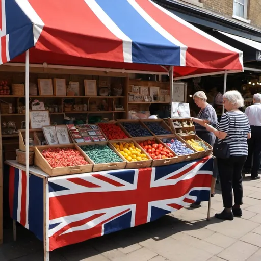 Prompt: A market stall that is neat and colourful but also classic, has a striped top, sells various British things 
