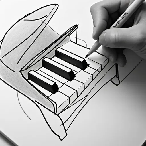 Prompt: a continuous, single line drawing of a pair of hands playing a piano keyboard, in a minimalist style. The single line drawing should be elegant and should portray the passionate and vibrant quality of the music with some lines of music flowing from the keyboard into the air as musical notes. The drawing should be drawn as if it was created with one long unbroken line, similar to the way an etch-a-sketch operates or as if 'drawing' with a sparkler in the open air. Do not erase any lines and avoid picking up the pencil. If necessary, the pencil can be placed back at the point where it was lifted off. Any lines that have already been drawn, might be retraced, but do not colour in or shade any part of the drawing. The drawing should be a black line on a white background. Ensure the whole drawing is placed within the image frame.

