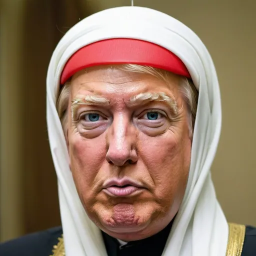 Prompt: Funny looking Donald Trump wearing hijab but some hair is showing