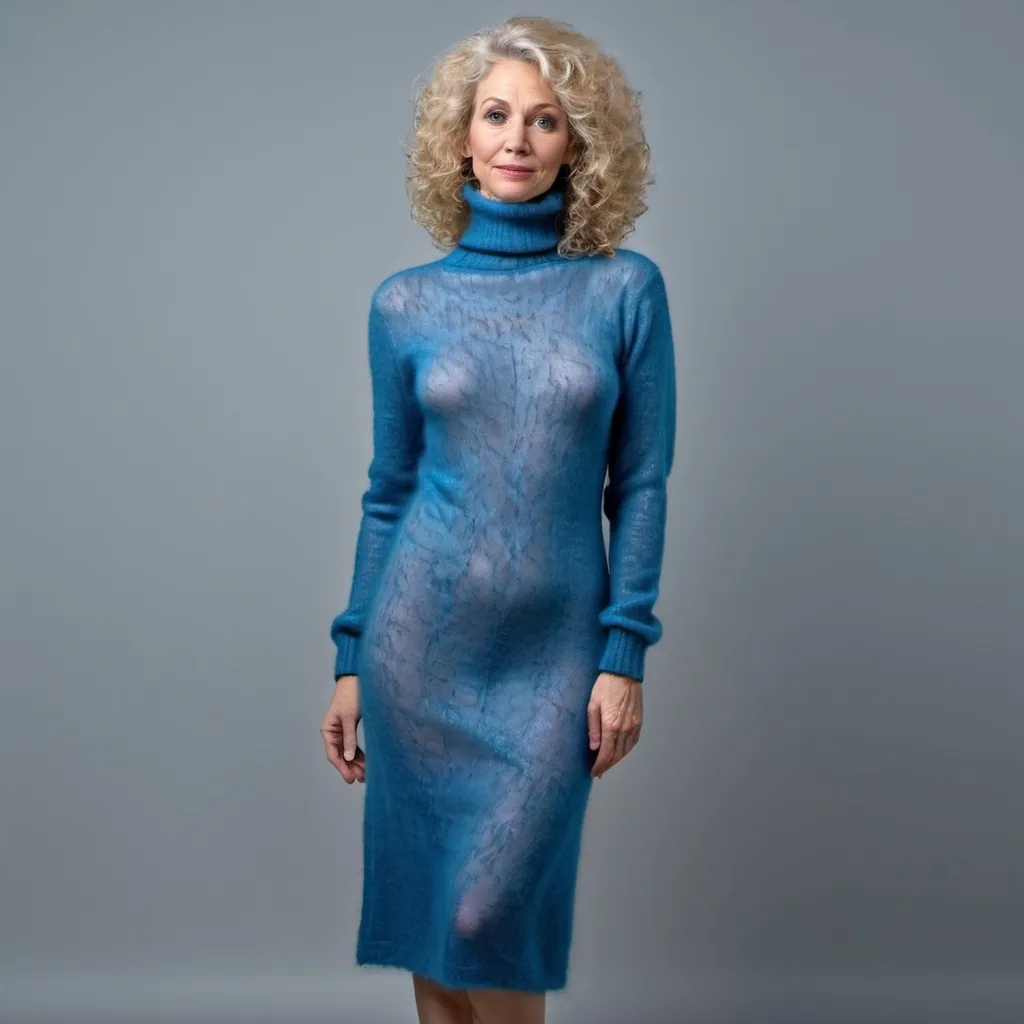 Prompt: photorealistic image of a slim european mature lady with curly blond hair wearing a floorlong blue t-neck fzzy mohair sweaterdress - see creapulka - underlining here curves