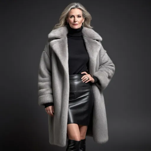 Prompt: a photorealistic image of a mature slim european woman, wearing a long thick grey fur coat open, showing a black chunky cashmere t-neck pullover, a black leather skirt and black leather boots