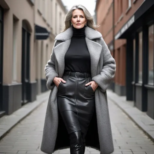 Prompt: a photorealistic image of a mature slim european woman, wearing a long thick grey fur coat open, showing a black chunky cashmere t-neck pullover, a black leather skirt and black leather boots