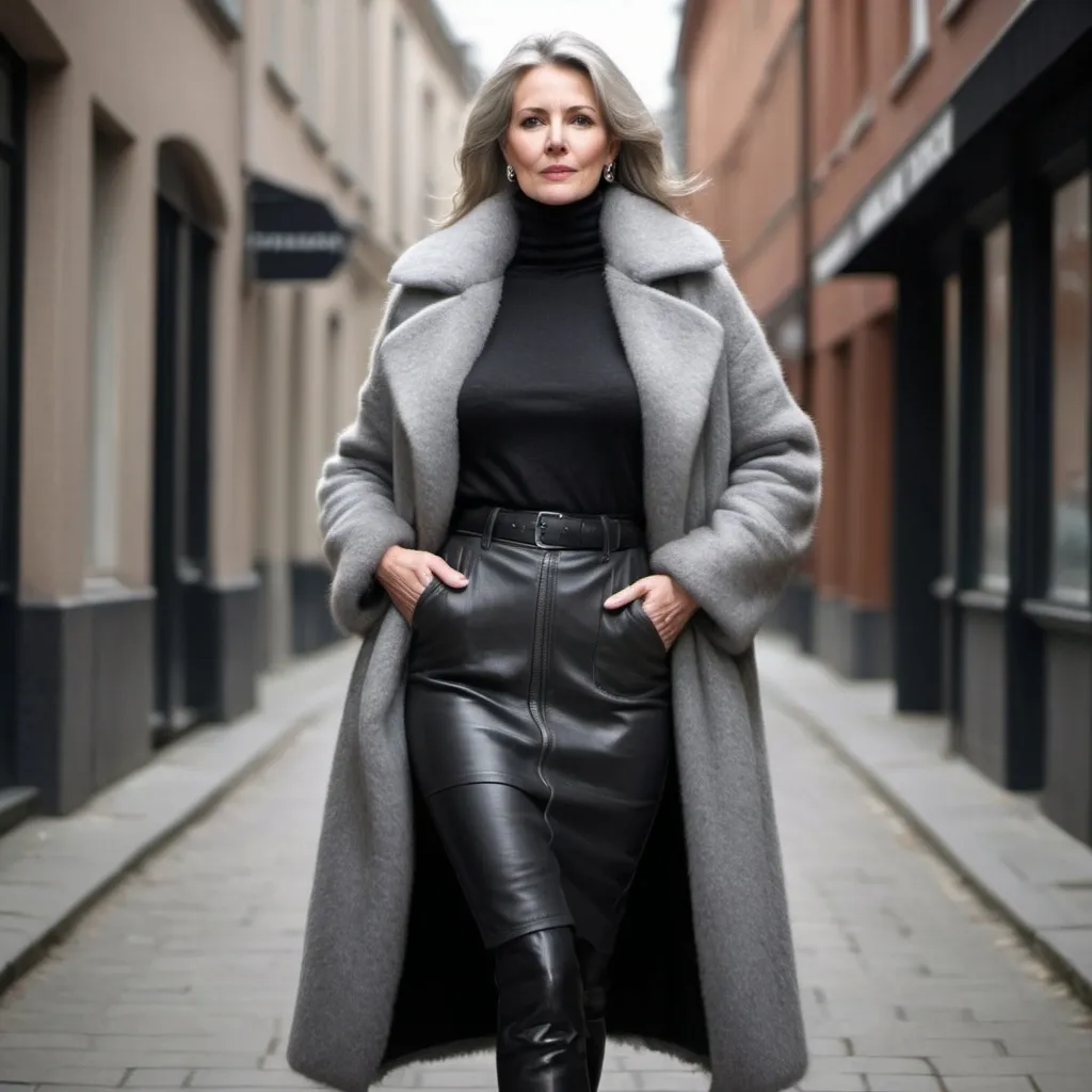 Prompt: a photorealistic image of a mature slim european woman, wearing a long thick grey fur coat open, showing a black chunky cashmere t-neck pullover, a black leather skirt and black leather boots